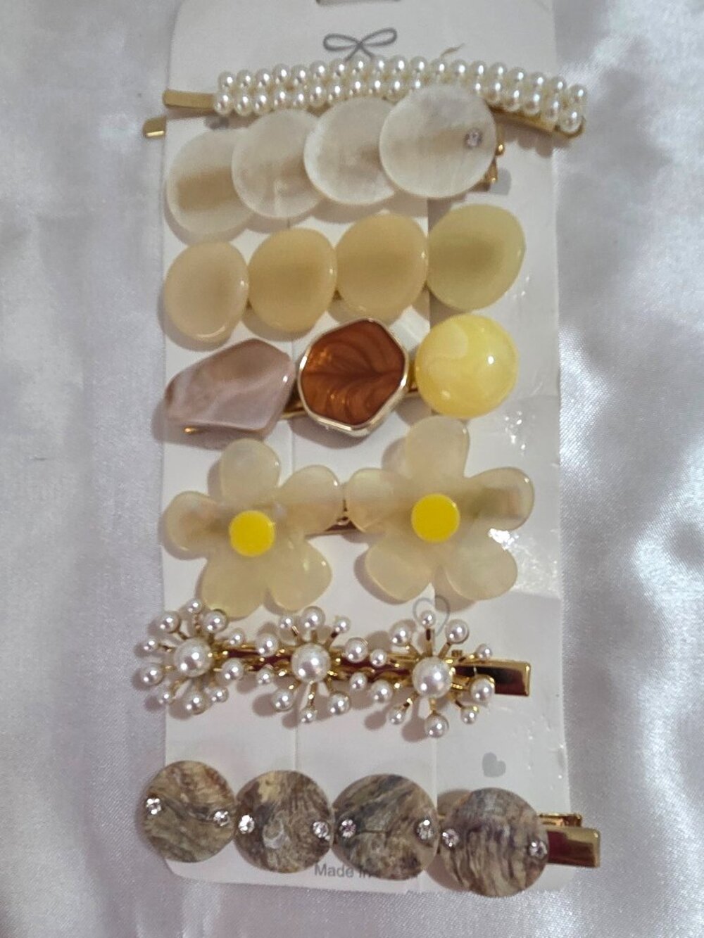 7PCS Neutral Hair Clips Set Pearl YellowFloral Acrylic Gold Barrette Women Girls